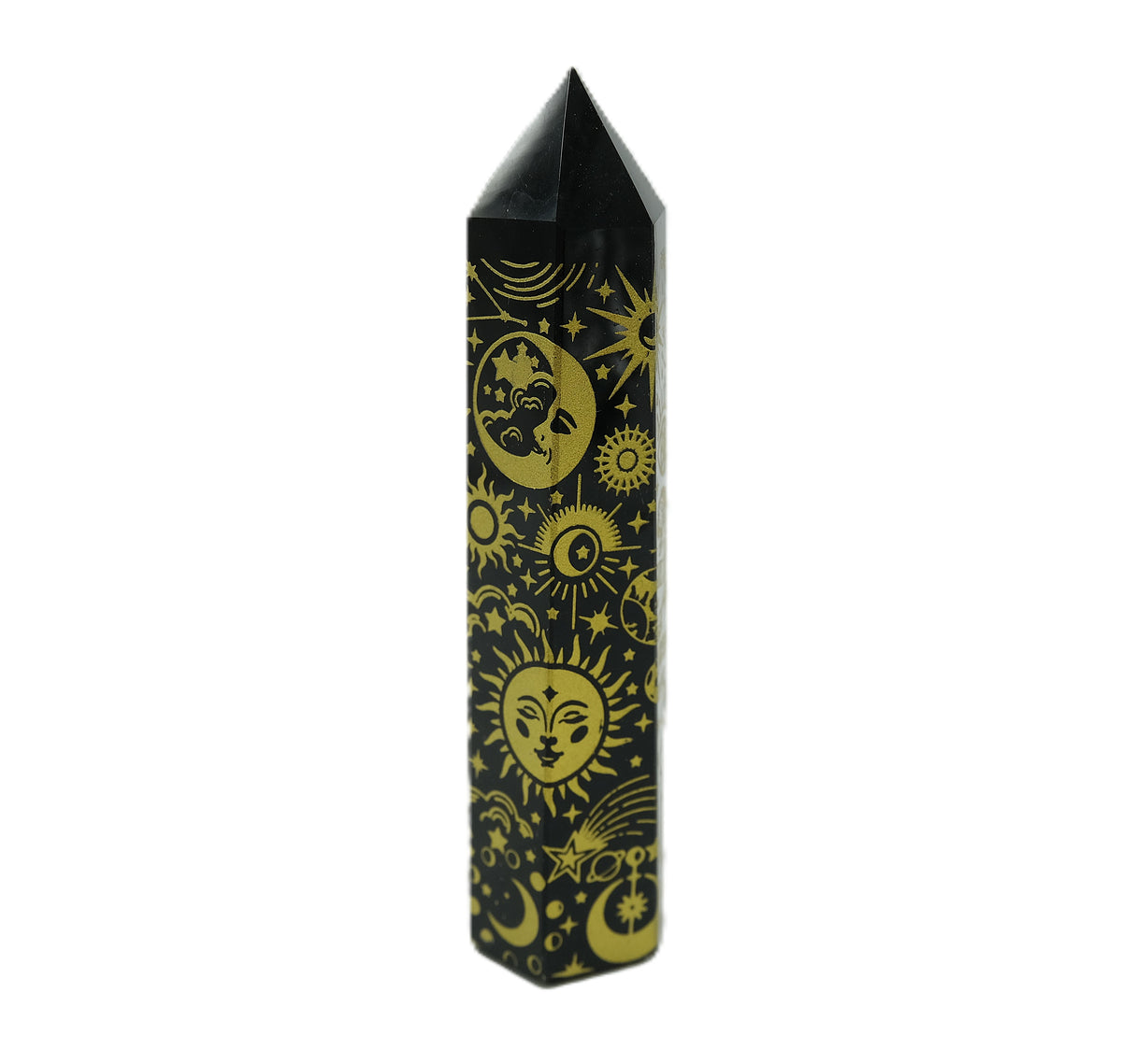 Black Obsidian Etched Obelisk Wand | Celestial or Chakra Crystal Tower
