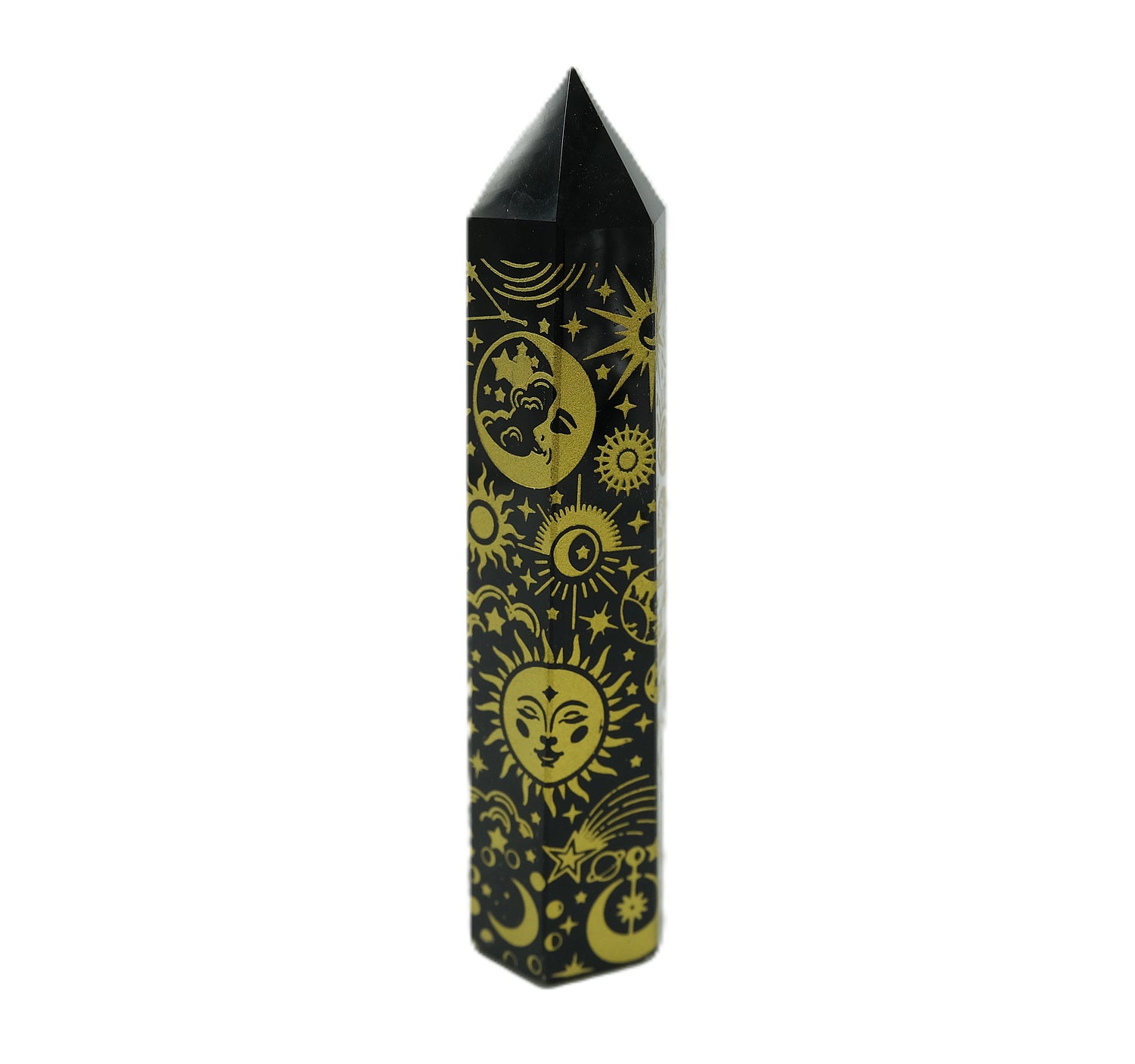 Black Obsidian Etched Obelisk Wand | Celestial or Chakra Crystal Tower