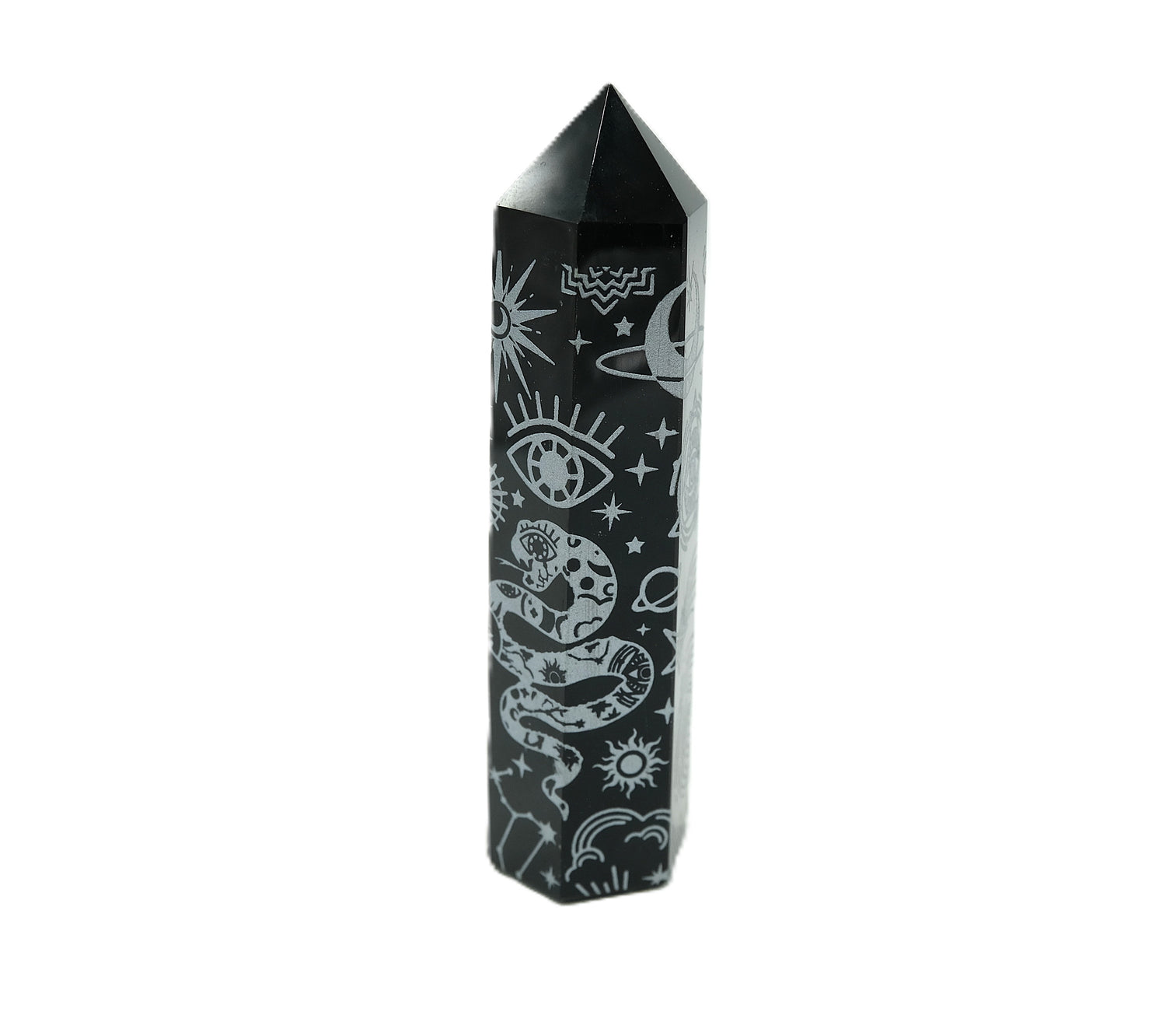 Black Obsidian Etched Obelisk Wand | Celestial or Chakra Crystal Tower
