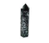 Black Obsidian Etched Obelisk Wand | Celestial or Chakra Crystal Tower