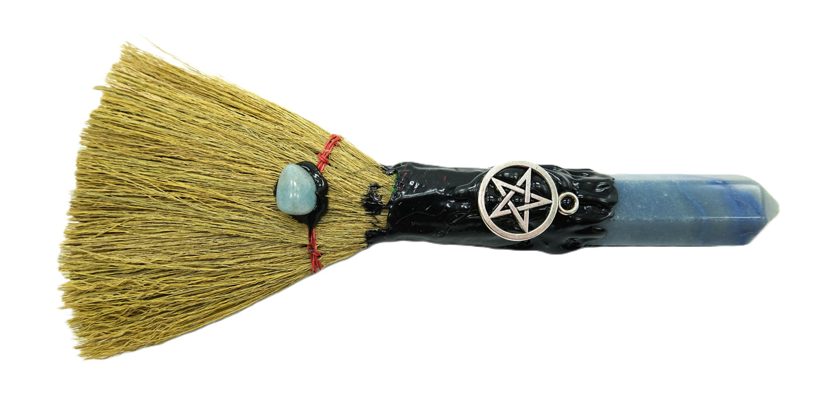 Crystal Witch Broom Besom, Obsidian with Crow, Blue Aventurine with Pentacle, Or Jasper with Dreamcatcher