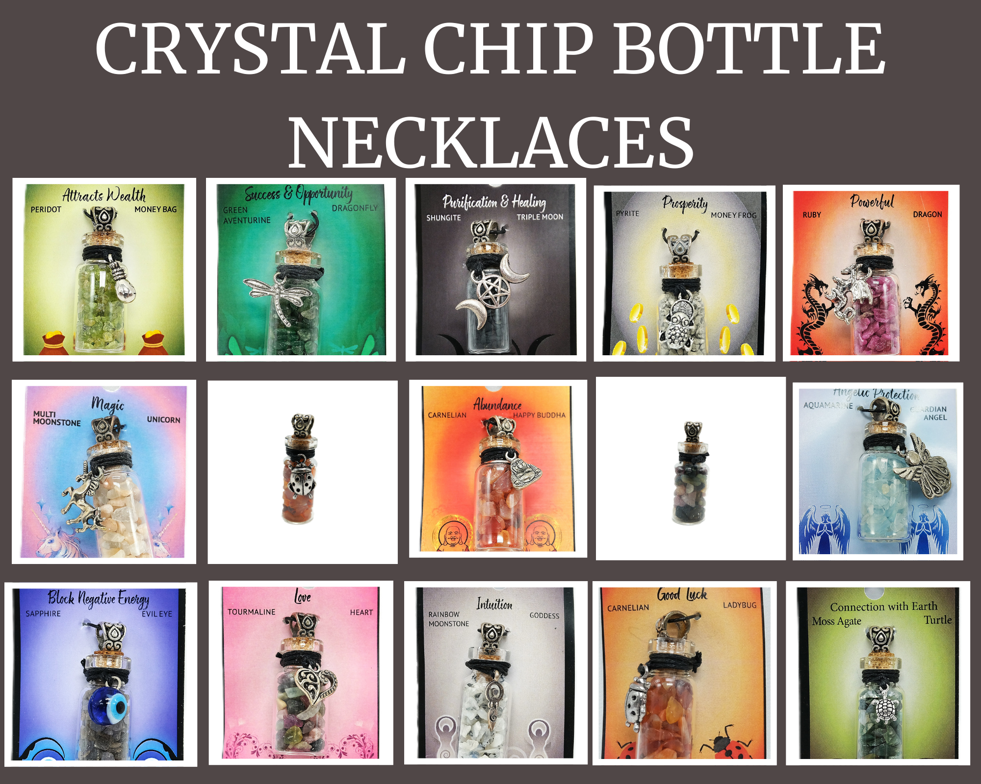 Crystal Chip Bottle Intention Pendant Necklaces - Many Varieties
