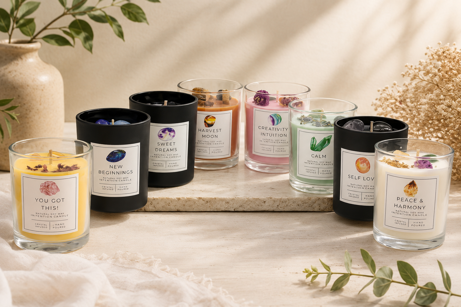 Crystal Intention Candle | Spiritual Crystal Candle for Relaxation, Self Love, Protection & Manifestation