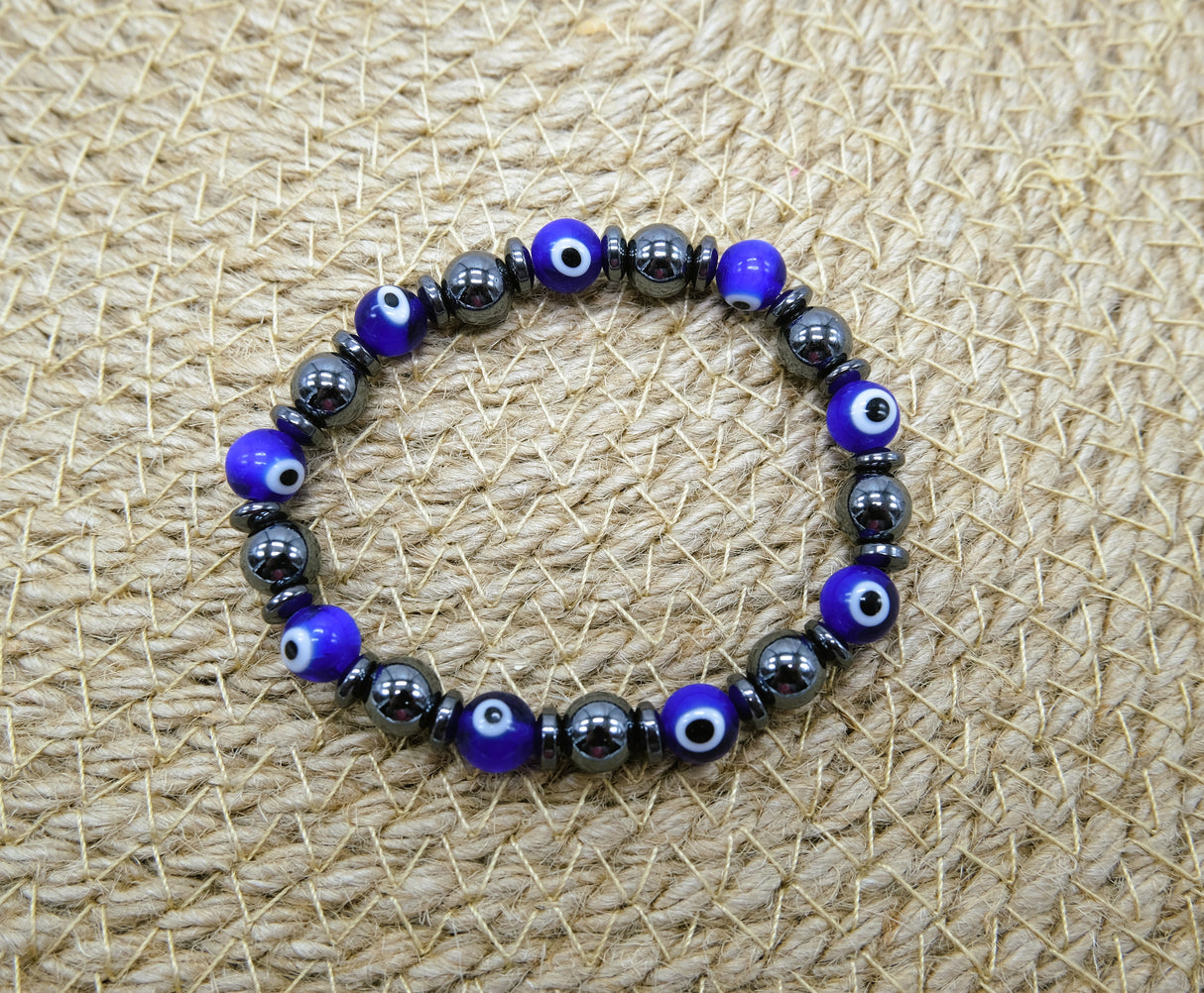 Evil Eye 8mm Lamp Glass And Hematite Bracelet | Stretchy Bracelet