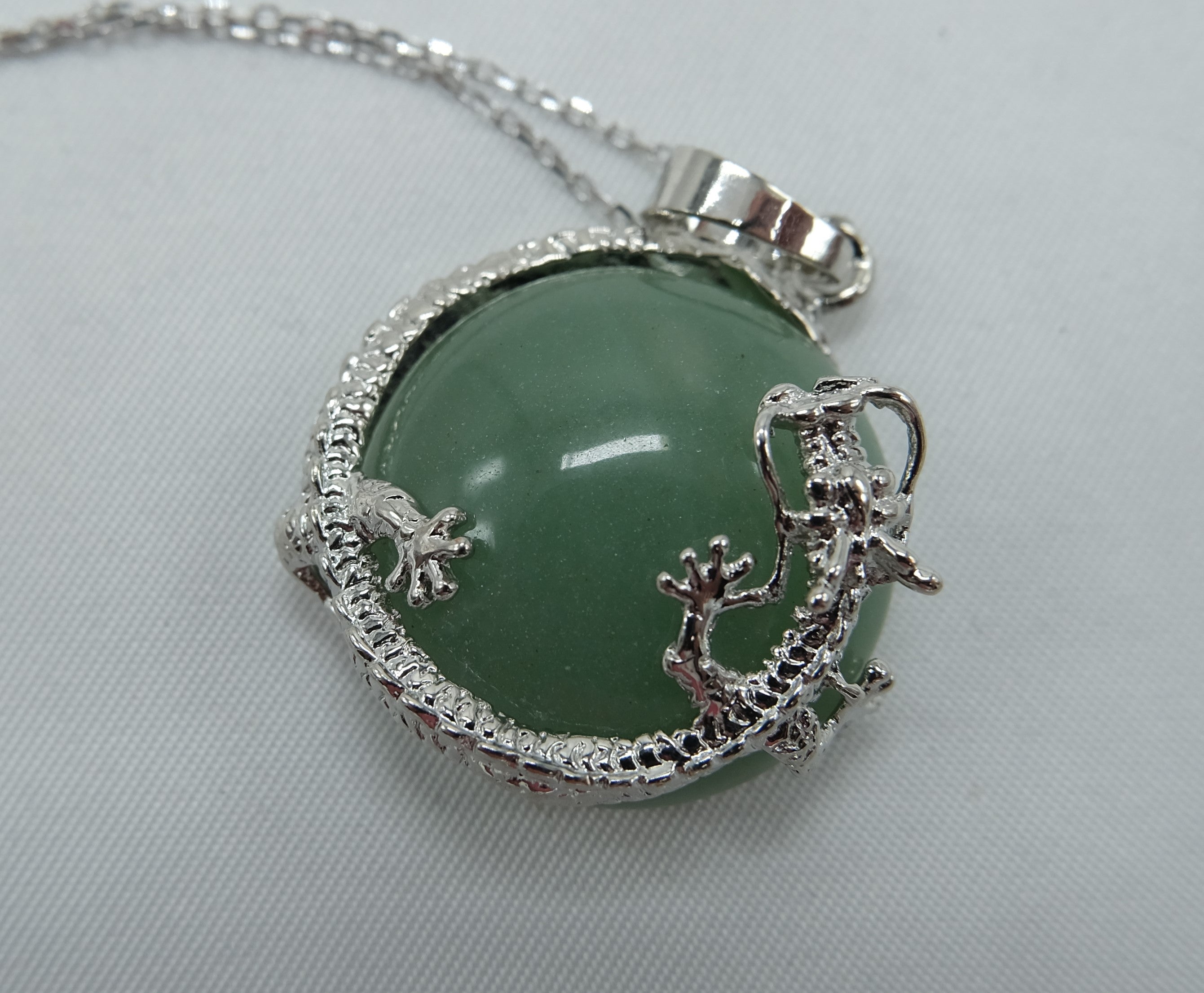 Green Aventurine Round Dragon Pendant Necklace with Rhodium Plated Silver 16 Inch Chain