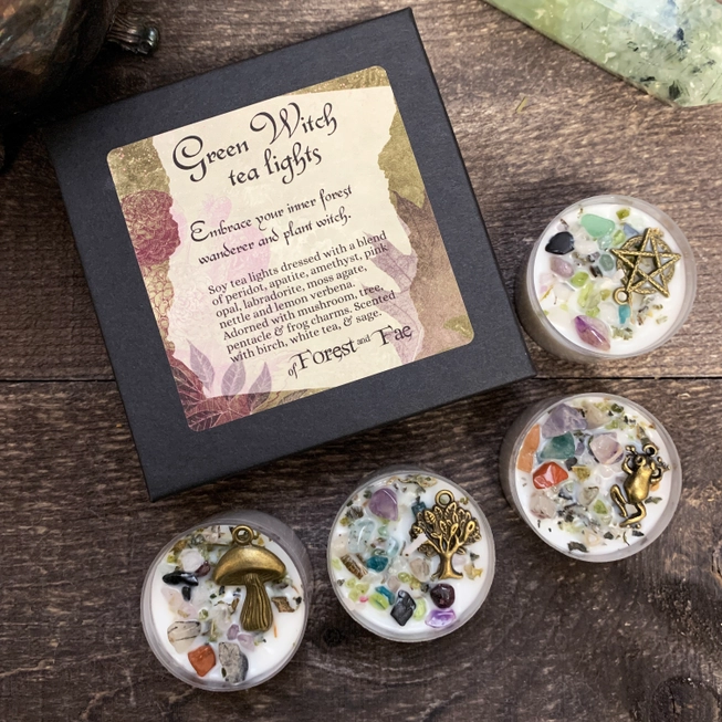 Green Witch Tea Light Candle Set | Crystal Infused | Herb Infused | Crystal Candles | Witchy Gift Set