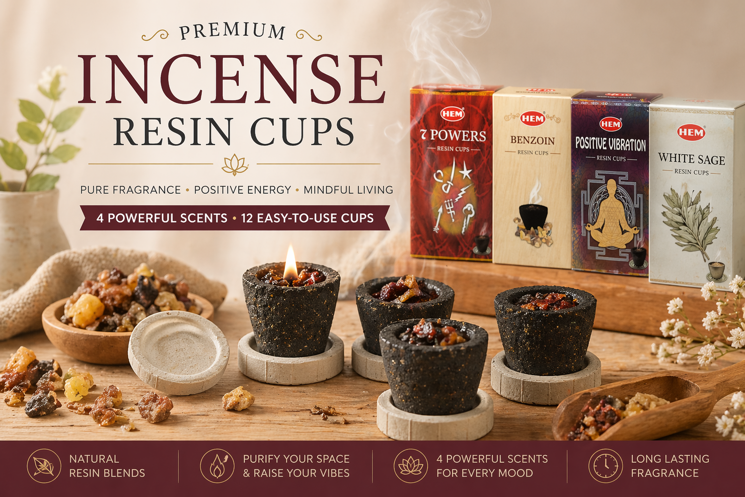 Hem Incense Resin Cups - Benzoin, Damar, 7 Powers, Pure House, And More