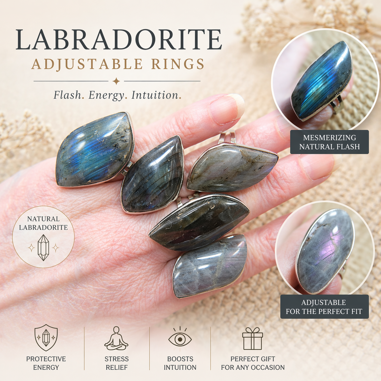 Labradorite Large Adjustable Ring | High Flash