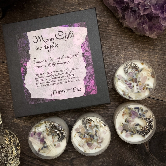 Moon Child Tea Light Candle Set  | Crystal Infused | Herb Infused | Crystal Candles