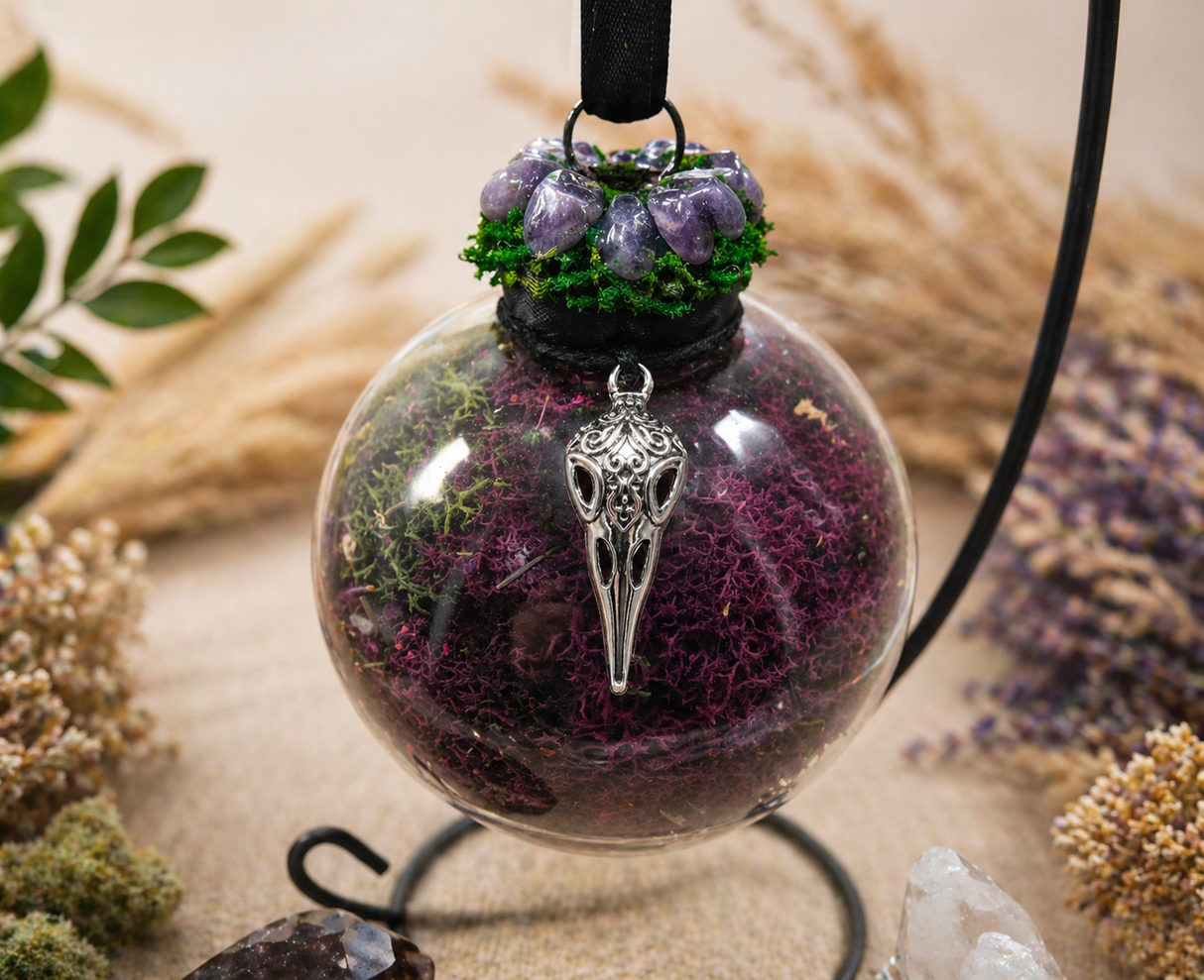 Raven Skull Witch Ball With Stand - Witchy Decor