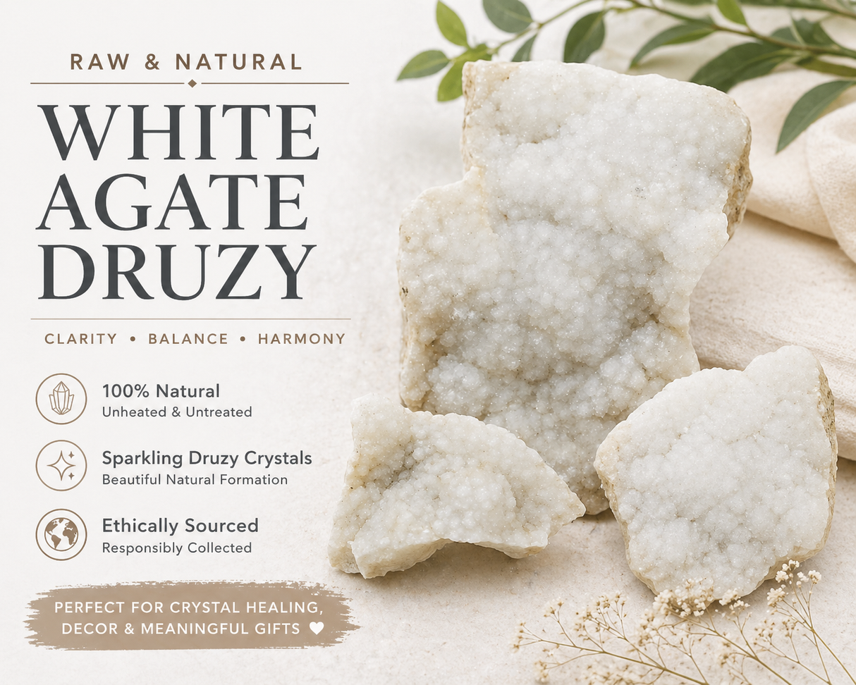Raw White Agate Druzy Crystal Geode Clusters | Many Sizes