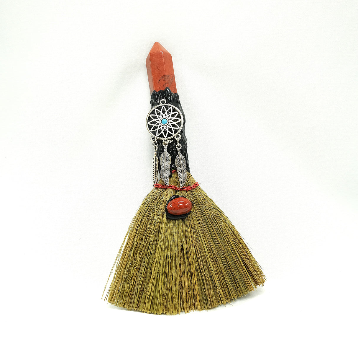Crystal Witch Broom Besom, Obsidian with Crow Or Jasper with Dreamcatcher