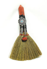 Crystal Witch Broom Besom, Obsidian with Crow Or Jasper with Dreamcatcher
