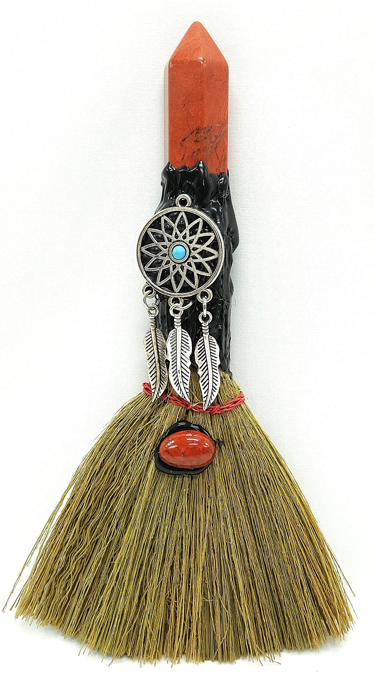 Crystal Witch Broom Besom, Obsidian with Crow Or Jasper with Dreamcatcher