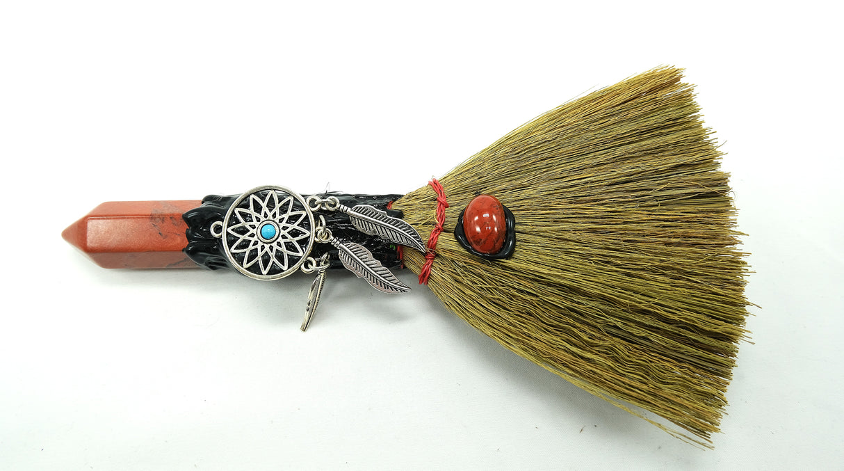 Crystal Witch Broom Besom, Obsidian with Crow Or Jasper with Dreamcatcher