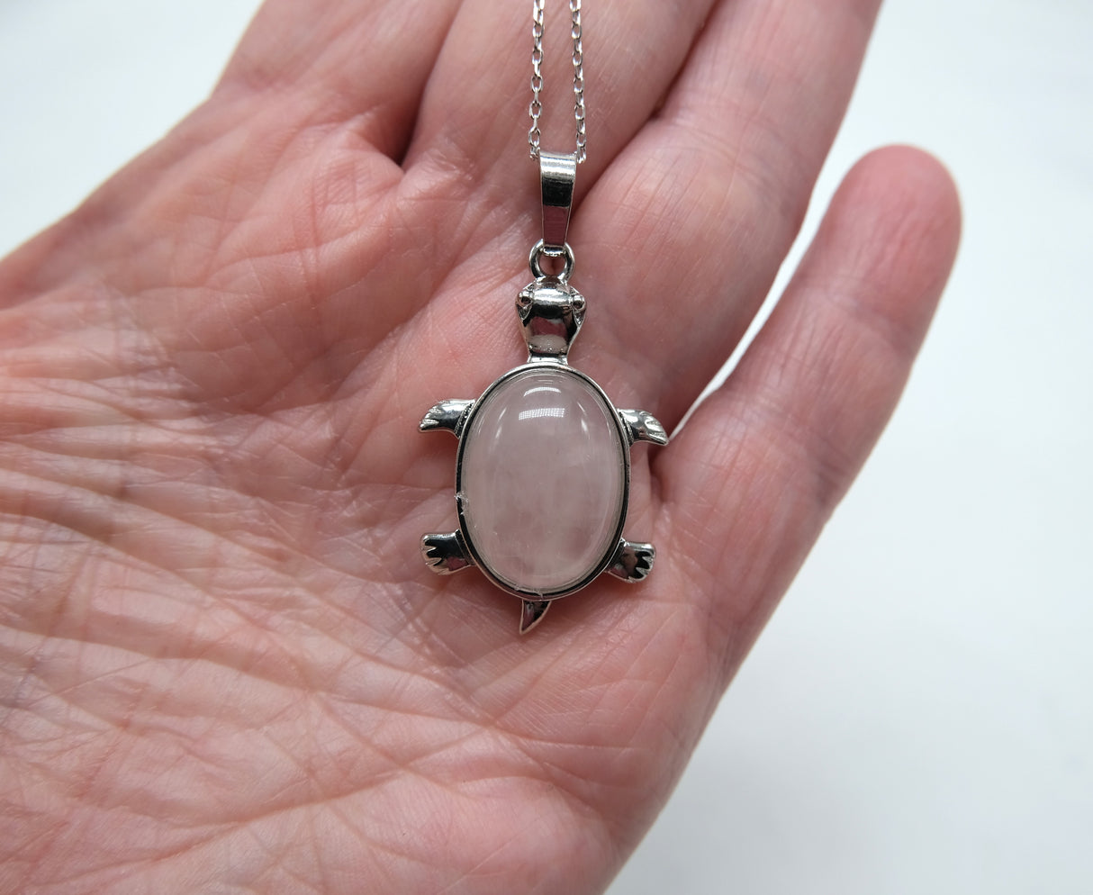 Rose Quartz Turtle Pendant 16 Inch Rhodium Plated Necklace