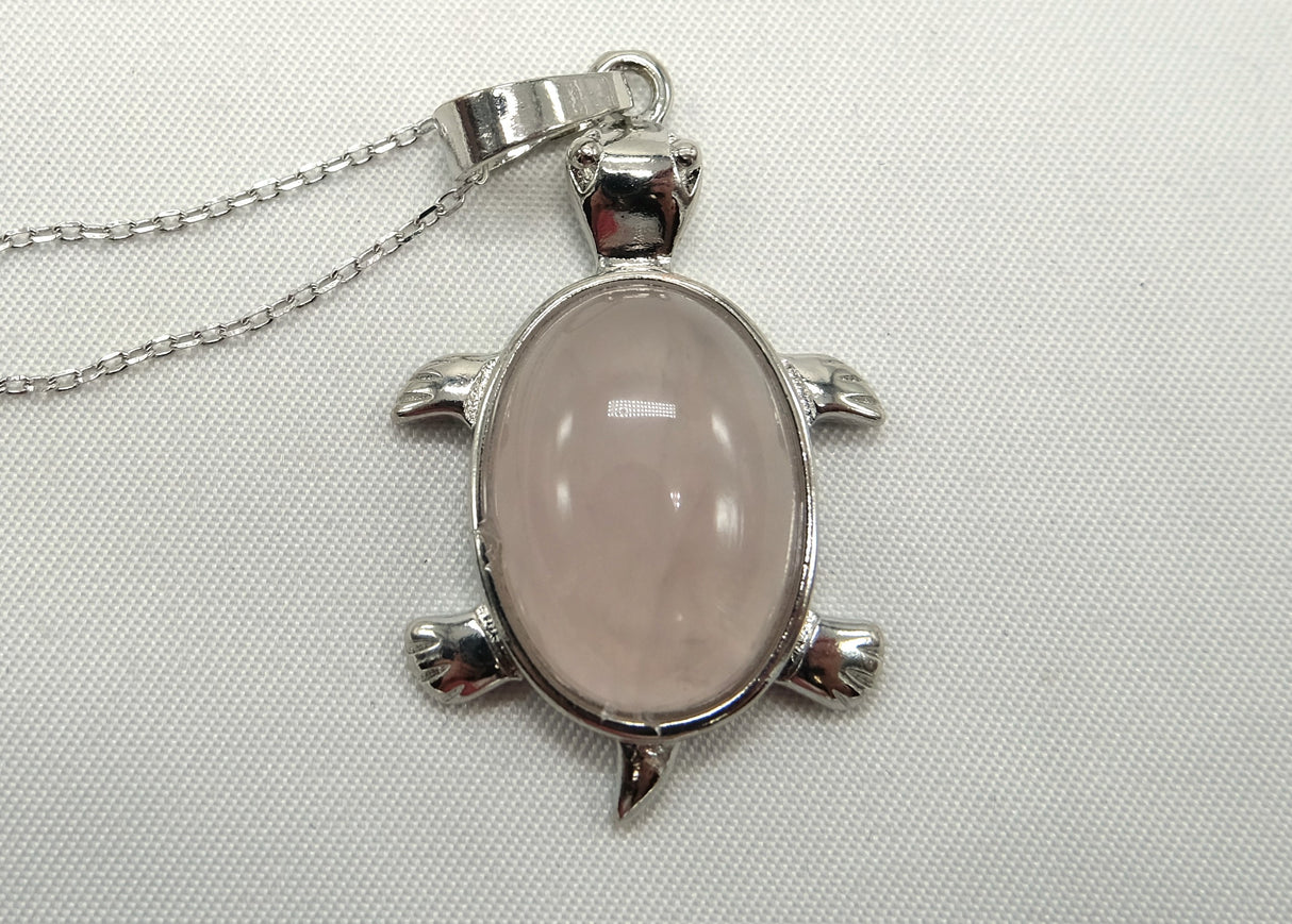 Rose Quartz Turtle Pendant 16 Inch Rhodium Plated Necklace