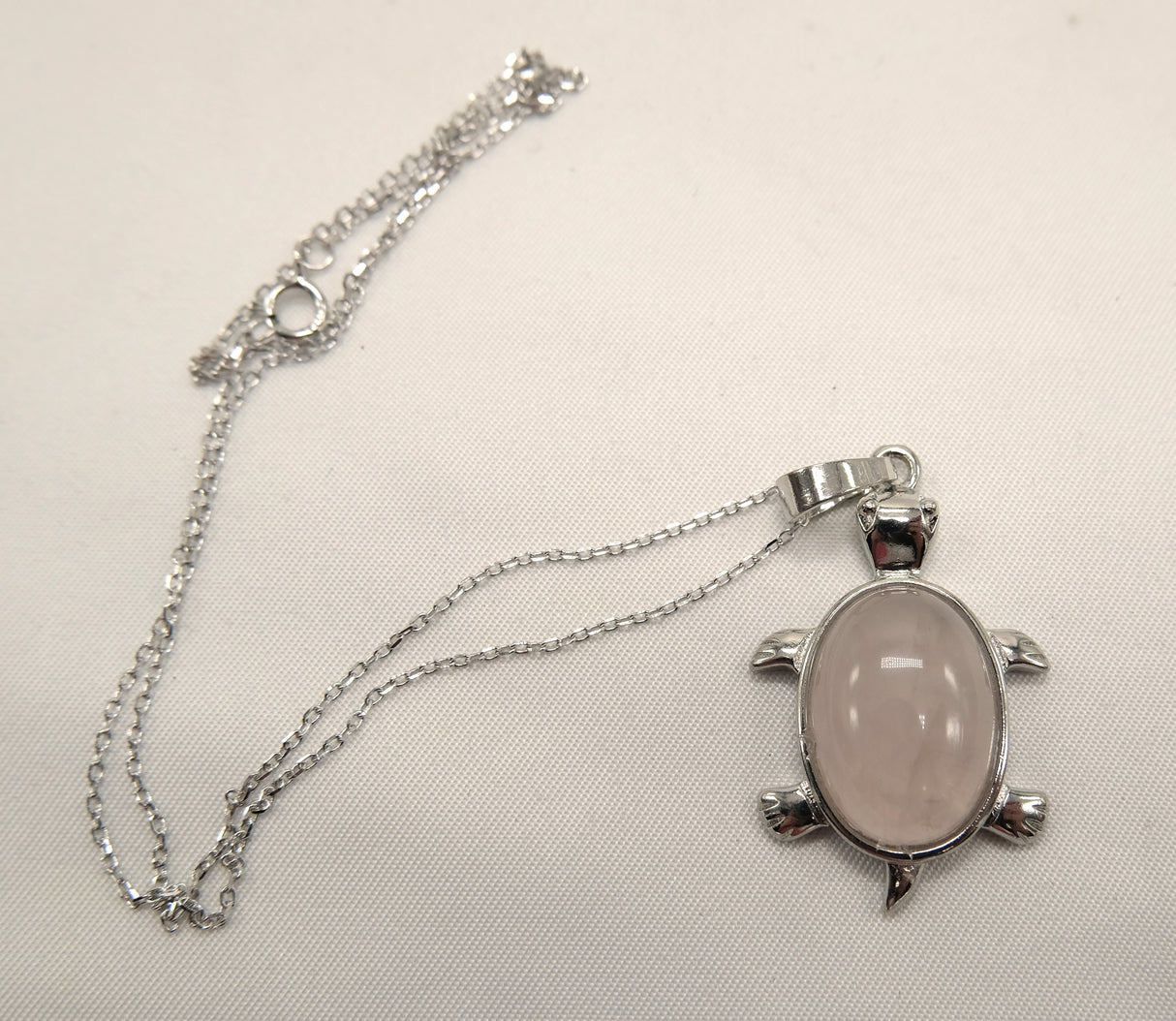 Rose Quartz Turtle Pendant 16 Inch Rhodium Plated Necklace