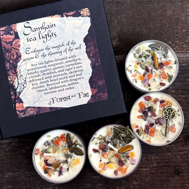 Samhain Tea Light Candle Set | Crystal and Herb Candles