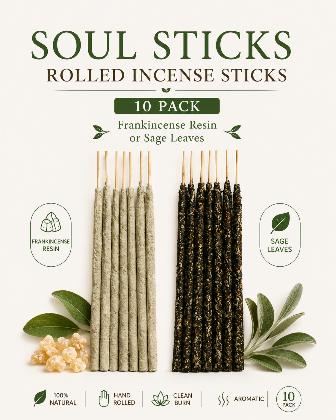 Soul Sticks Rolled Incense Sticks 10 Pack | Frankincense Resin Or Sage Leaves