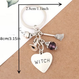 Silver Witch Heart Keychain with Broomstick, Cauldron And Hat