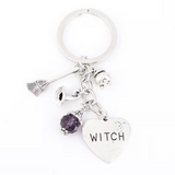 Silver Witch Heart Keychain with Broomstick, Cauldron And Hat