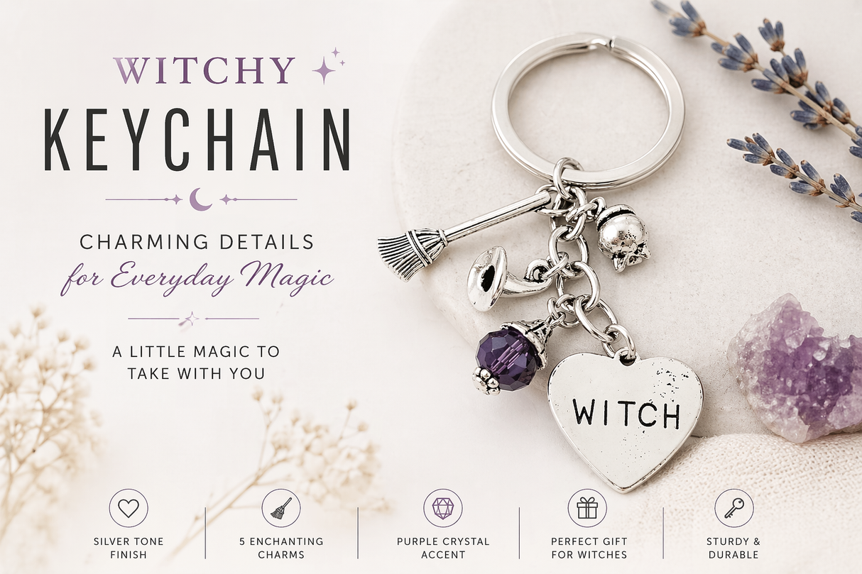 Silver Witch Heart Keychain with Broomstick, Cauldron And Hat